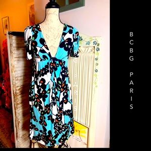 SZ 2-BCBG PARIS BLUE MULTI-PRINT GRECIAN KNITDRESS